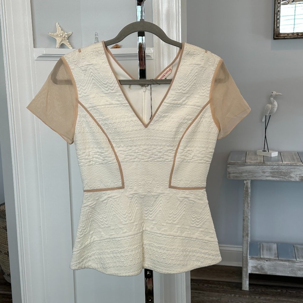NWT! Sz 2 Rebecca Taylor Stunning Peplum Top Ivory Texture w Sheer Nude Sleeves